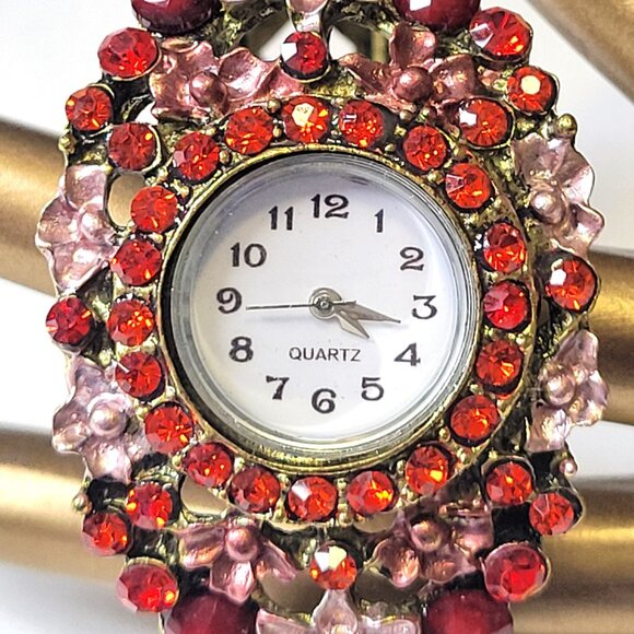 Red Floral Rhinestone Watch Cuff Band Round Face Ornate Fashion Watch - NEW ! - Picture 2 of 16